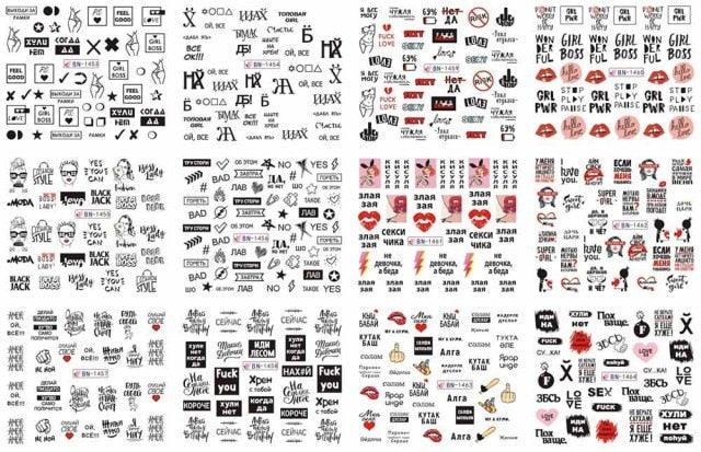 Letter Nail Water Decals With Inscriptions Sexy Girl  Black White Tattoo Slider English Alphabet Nail Decals Adhesive Letter 3D Nail Art Stickers for Women Girls Nail Decoration Manicure for Women Decorations Birthday Party Favor Gift Stevvex