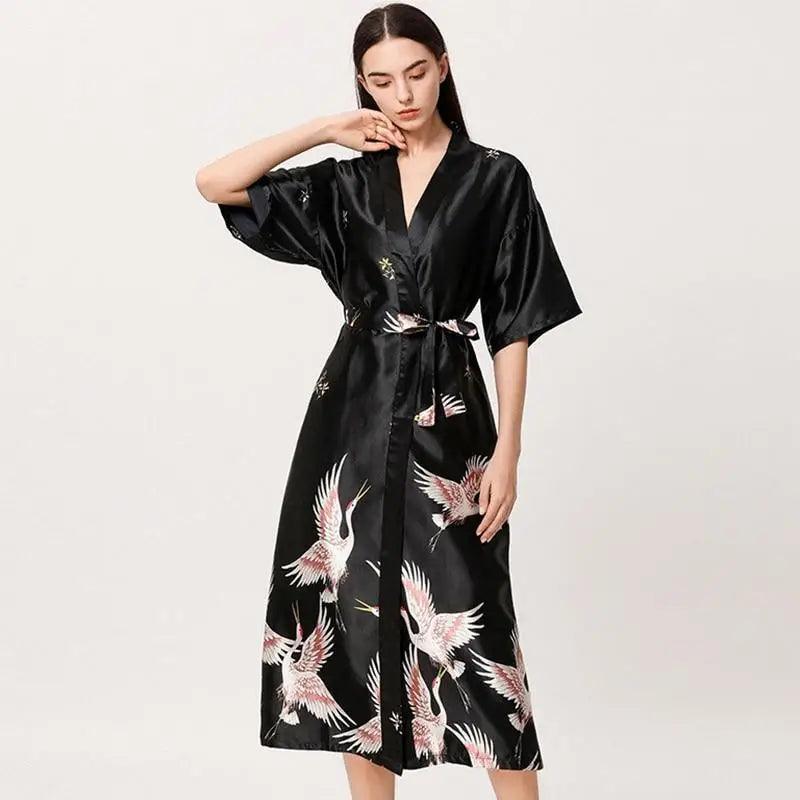 Lightweight Black Floral Birds Printed Women Bathrobe Elegant Design Floral Breathable Robe Stevvex