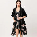 Lightweight Black Floral Birds Printed Women Bathrobe Elegant Design Floral Breathable Robe Stevvex