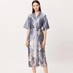Lightweight Black Floral Birds Printed Women Bathrobe Elegant Design Floral Breathable Robe Stevvex