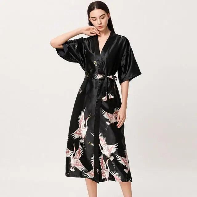 Lightweight Black Floral Birds Printed Women Bathrobe Elegant Design Floral Breathable Robe Stevvex