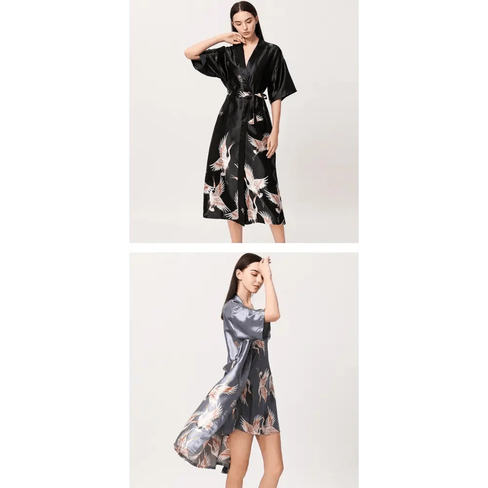 Lightweight Black Floral Birds Printed Women Bathrobe Elegant Design Floral Breathable Robe Stevvex