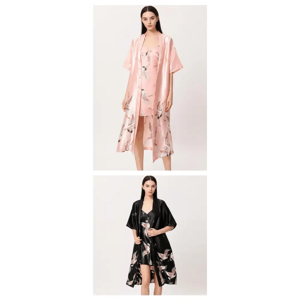 Lightweight Black Floral Birds Printed Women Bathrobe Elegant Design Floral Breathable Robe Stevvex