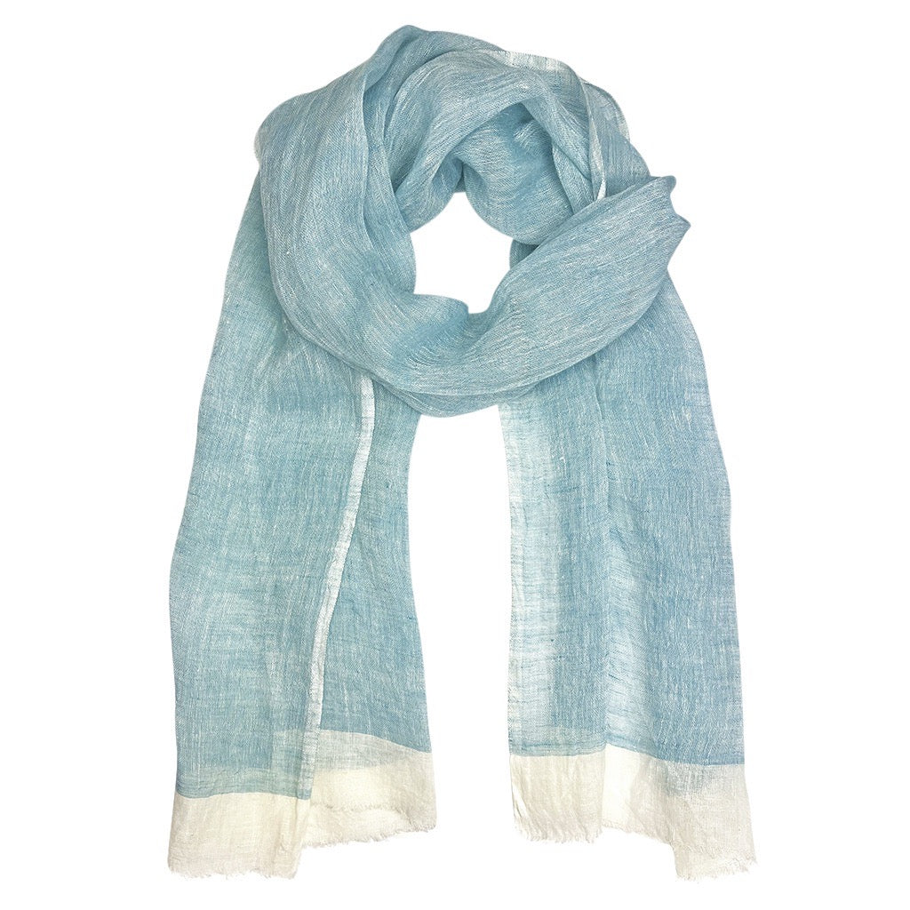 Linen Gauze Two-Tone Scarf Lightweight Handwoven Eyelash Fringe White Stripe BandsCo Straps