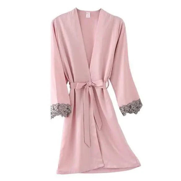 Lightweight Pink Women Sleepwear Classic Design Silk Bathrobe Lace Trim Bridesmaid Bride Party Robes Stevvex