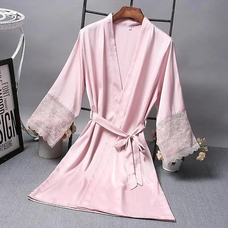 Lightweight Pink Women Sleepwear Classic Design Silk Bathrobe Lace Trim Bridesmaid Bride Party Robes Stevvex