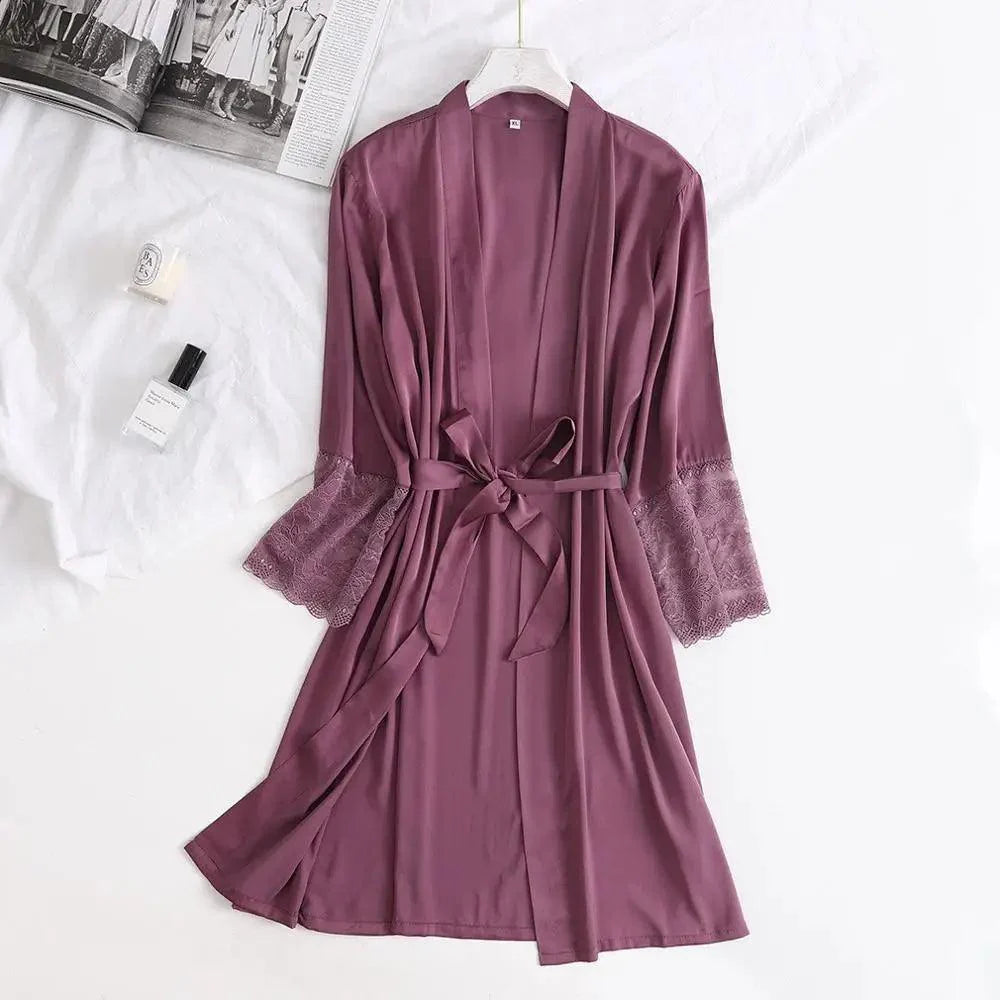 Lightweight Pink Women Sleepwear Classic Design Silk Bathrobe Lace Trim Bridesmaid Bride Party Robes Stevvex