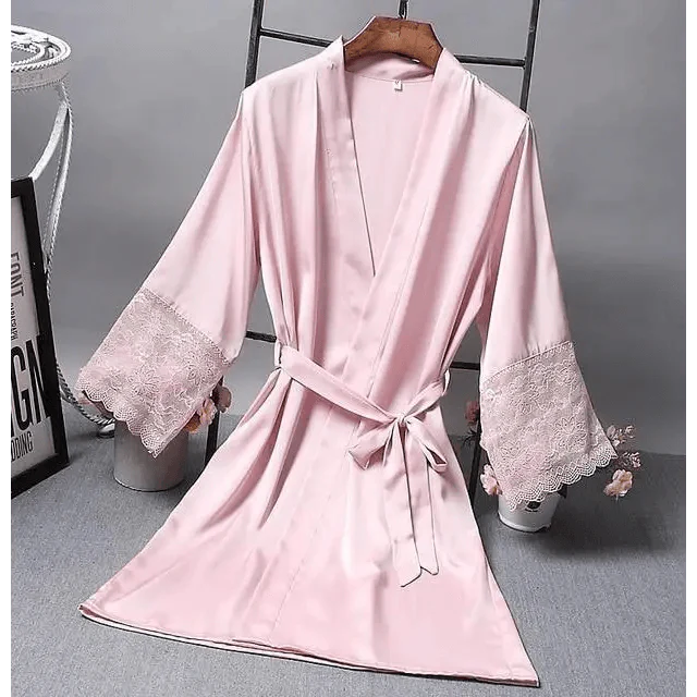 Lightweight Pink Women Sleepwear Classic Design Silk Bathrobe Lace Trim Bridesmaid Bride Party Robes Stevvex