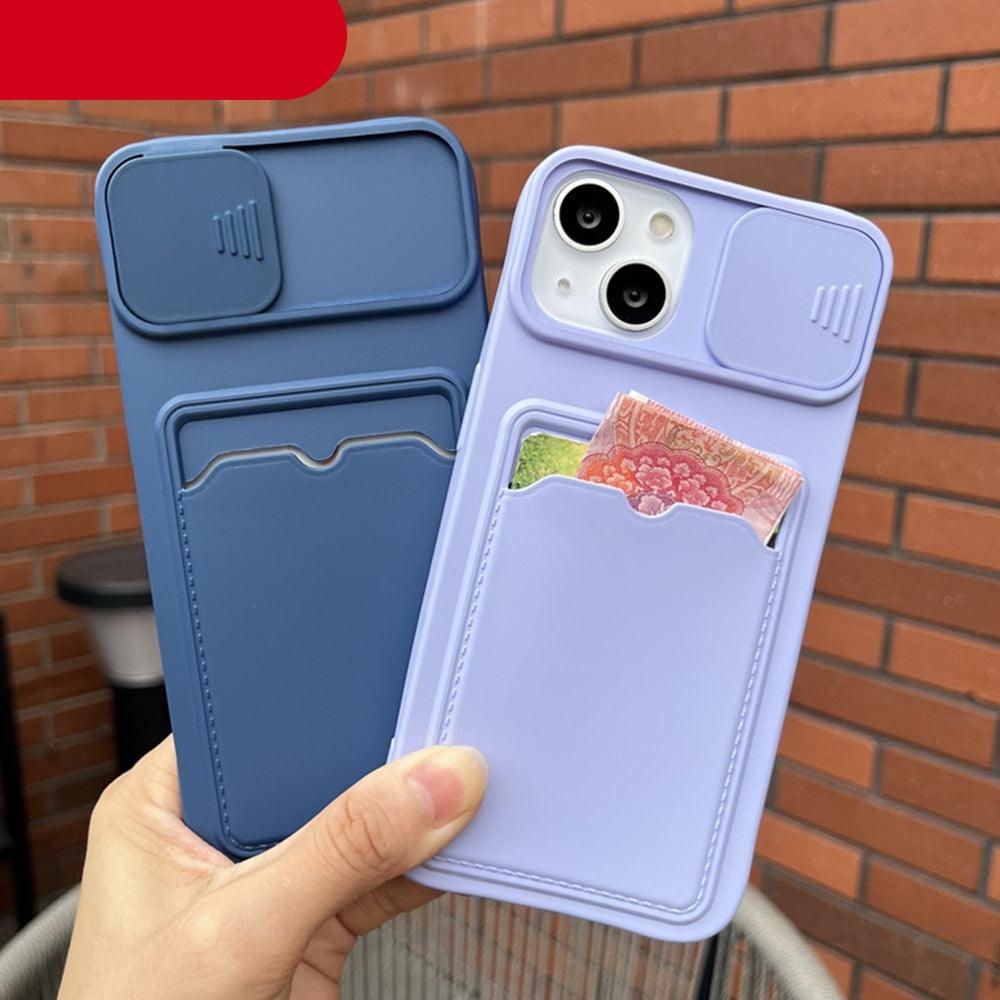 Lightweight Slide Camera Protection Card Holder Wallet Phone Case For iPhone 13 14 Pro Max 12 11 Soft Silicone Cover Soft Skin Silicone Cover Yellow Card Holder Sliding Camera Protection Cover For iPhone Stevvex