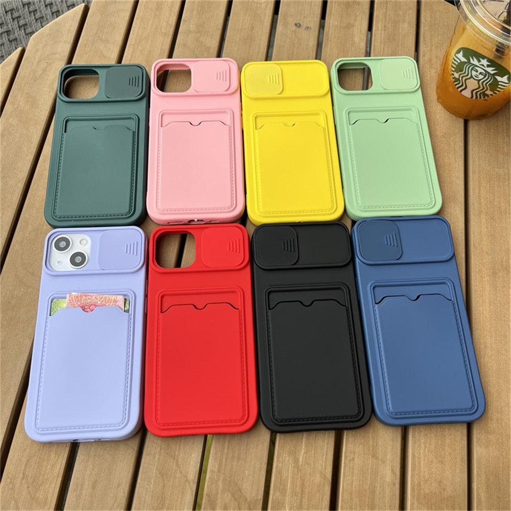 Lightweight Slide Camera Protection Card Holder Wallet Phone Case For iPhone 13 14 Pro Max 12 11 Soft Silicone Cover Soft Skin Silicone Cover Yellow Card Holder Sliding Camera Protection Cover For iPhone Stevvex