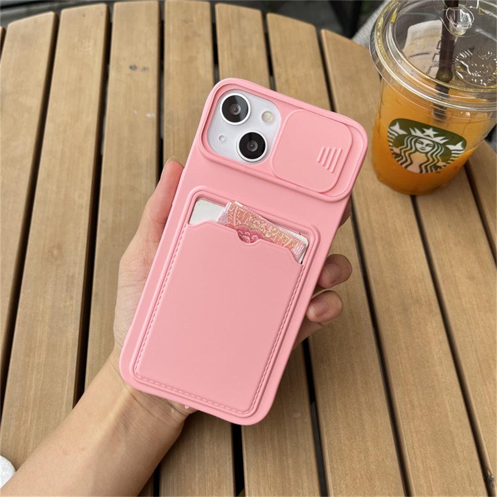 Lightweight Slide Camera Protection Card Holder Wallet Phone Case For iPhone 13 14 Pro Max 12 11 Soft Silicone Cover Soft Skin Silicone Cover Yellow Card Holder Sliding Camera Protection Cover For iPhone Stevvex
