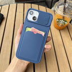 Lightweight Slide Camera Protection Card Holder Wallet Phone Case For iPhone 13 14 Pro Max 12 11 Soft Silicone Cover Soft Skin Silicone Cover Yellow Card Holder Sliding Camera Protection Cover For iPhone Stevvex
