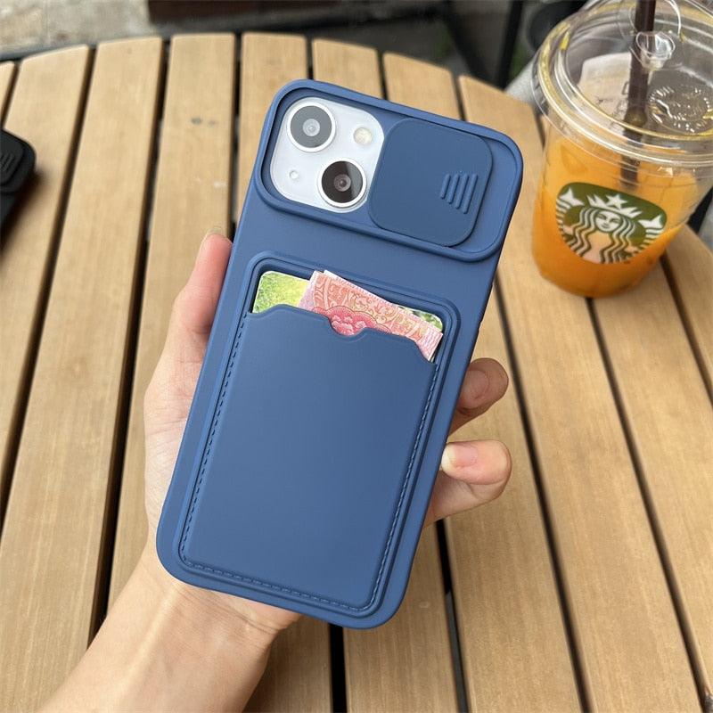 Lightweight Slide Camera Protection Card Holder Wallet Phone Case For iPhone 13 14 Pro Max 12 11 Soft Silicone Cover Soft Skin Silicone Cover Yellow Card Holder Sliding Camera Protection Cover For iPhone Stevvex