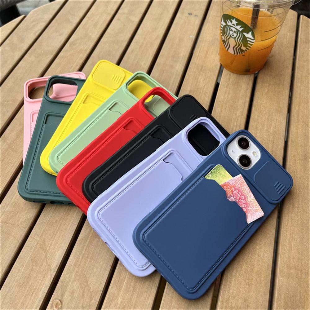 Lightweight Slide Camera Protection Card Holder Wallet Phone Case For iPhone 13 14 Pro Max 12 11 Soft Silicone Cover Soft Skin Silicone Cover Yellow Card Holder Sliding Camera Protection Cover For iPhone Stevvex