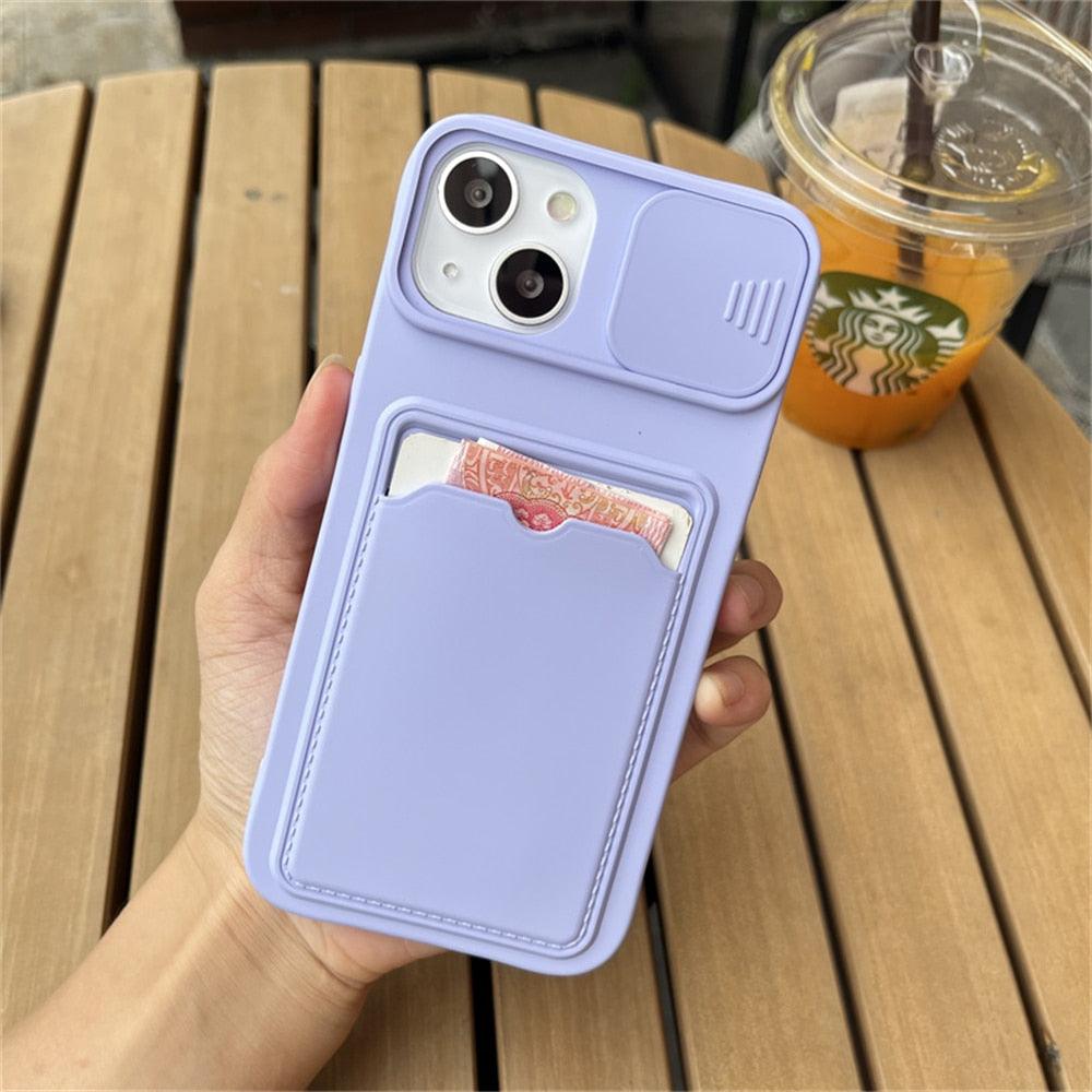 Lightweight Slide Camera Protection Card Holder Wallet Phone Case For iPhone 13 14 Pro Max 12 11 Soft Silicone Cover Soft Skin Silicone Cover Yellow Card Holder Sliding Camera Protection Cover For iPhone Stevvex