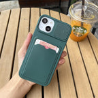 Lightweight Slide Camera Protection Card Holder Wallet Phone Case For iPhone 13 14 Pro Max 12 11 Soft Silicone Cover Soft Skin Silicone Cover Yellow Card Holder Sliding Camera Protection Cover For iPhone Stevvex