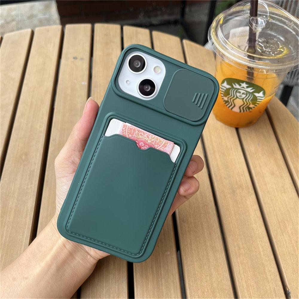 Lightweight Slide Camera Protection Card Holder Wallet Phone Case For iPhone 13 14 Pro Max 12 11 Soft Silicone Cover Soft Skin Silicone Cover Yellow Card Holder Sliding Camera Protection Cover For iPhone Stevvex