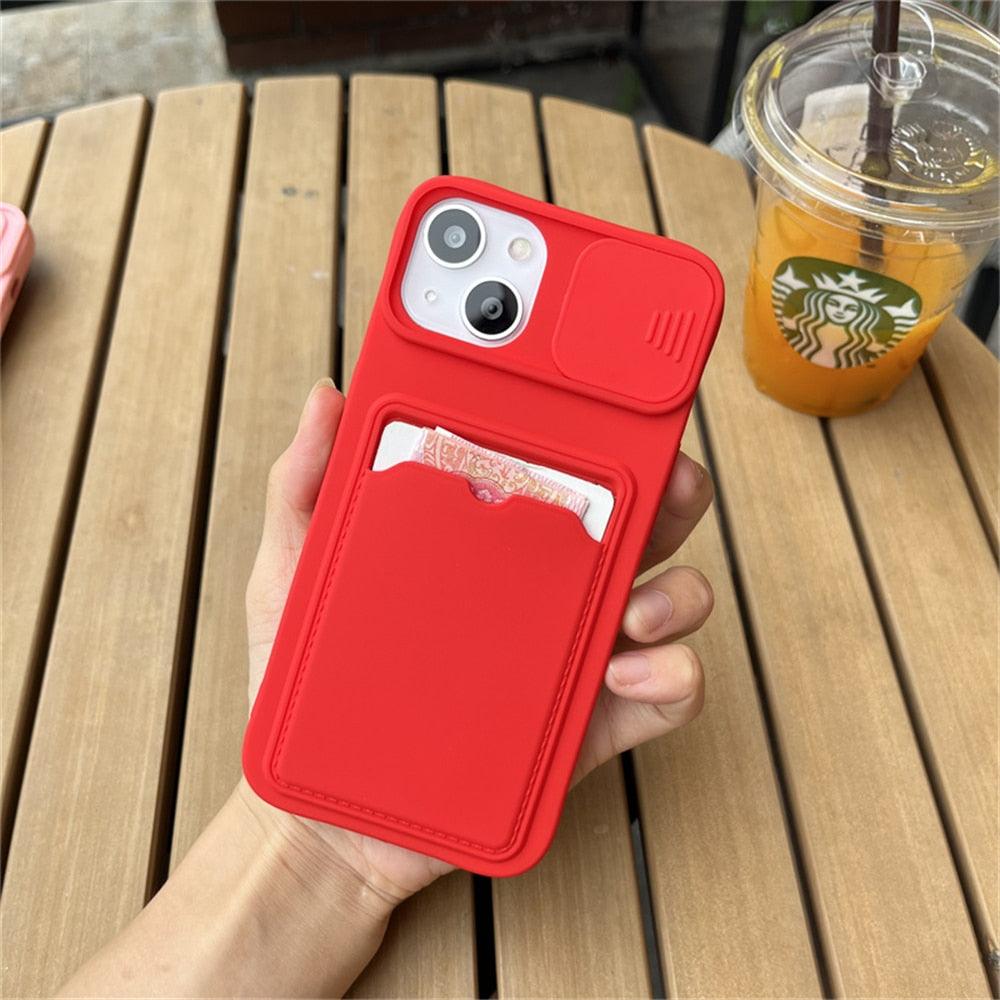 Lightweight Slide Camera Protection Card Holder Wallet Phone Case For iPhone 13 14 Pro Max 12 11 Soft Silicone Cover Soft Skin Silicone Cover Yellow Card Holder Sliding Camera Protection Cover For iPhone Stevvex