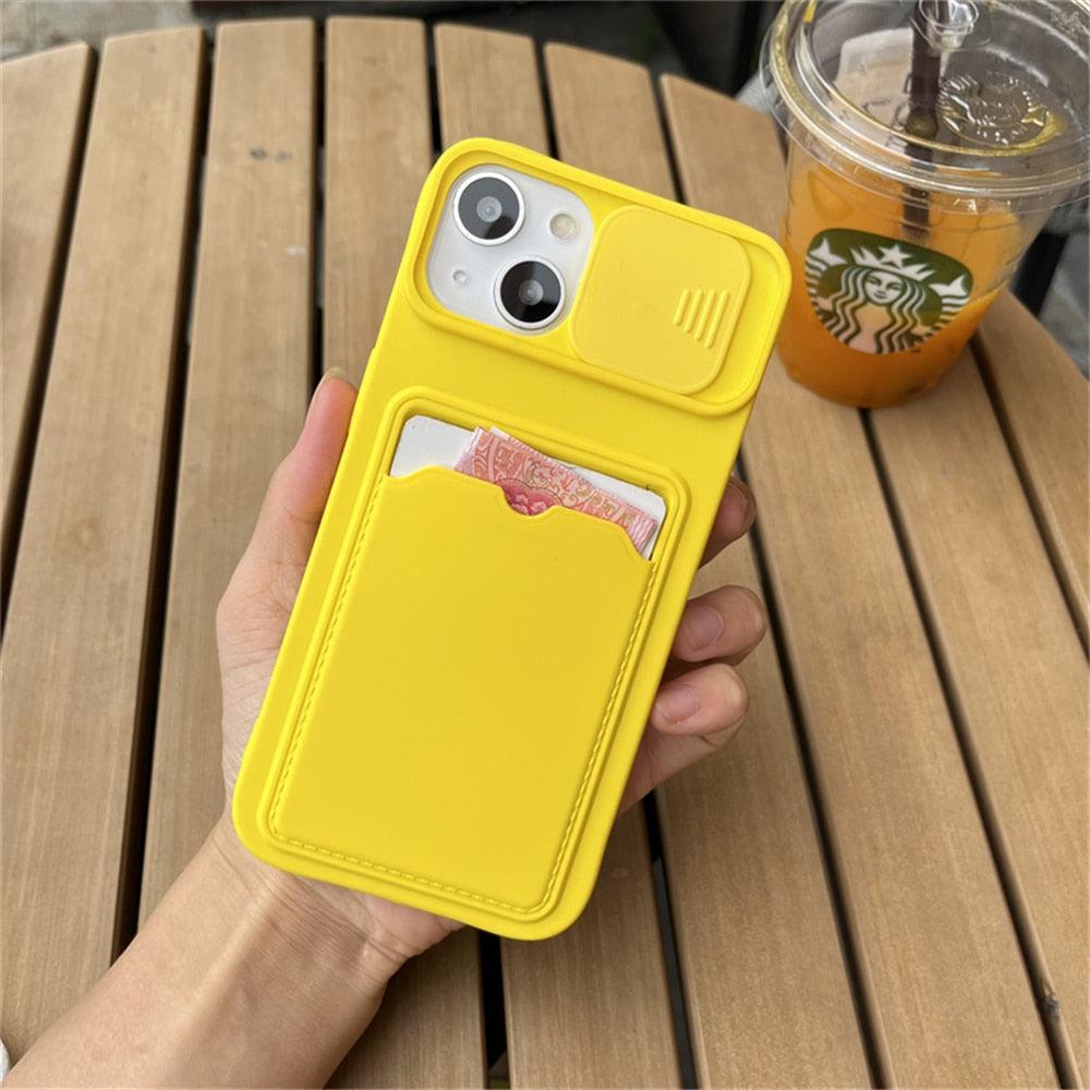 Lightweight Slide Camera Protection Card Holder Wallet Phone Case For iPhone 13 14 Pro Max 12 11 Soft Silicone Cover Soft Skin Silicone Cover Yellow Card Holder Sliding Camera Protection Cover For iPhone Stevvex