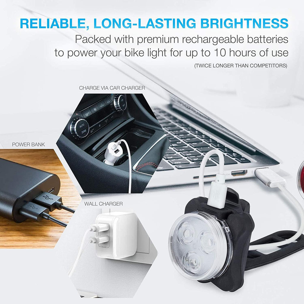 Lightweight USB Rechargeable Bike Light Set Super Bright Front Headlight And Rear LED Bicycle Light 4 Light Mode Options USB Rechargeable Bike Light Set LED Bicycle Front Headlight And Rear Taillight Lithium Battery 650mAh Stevvex