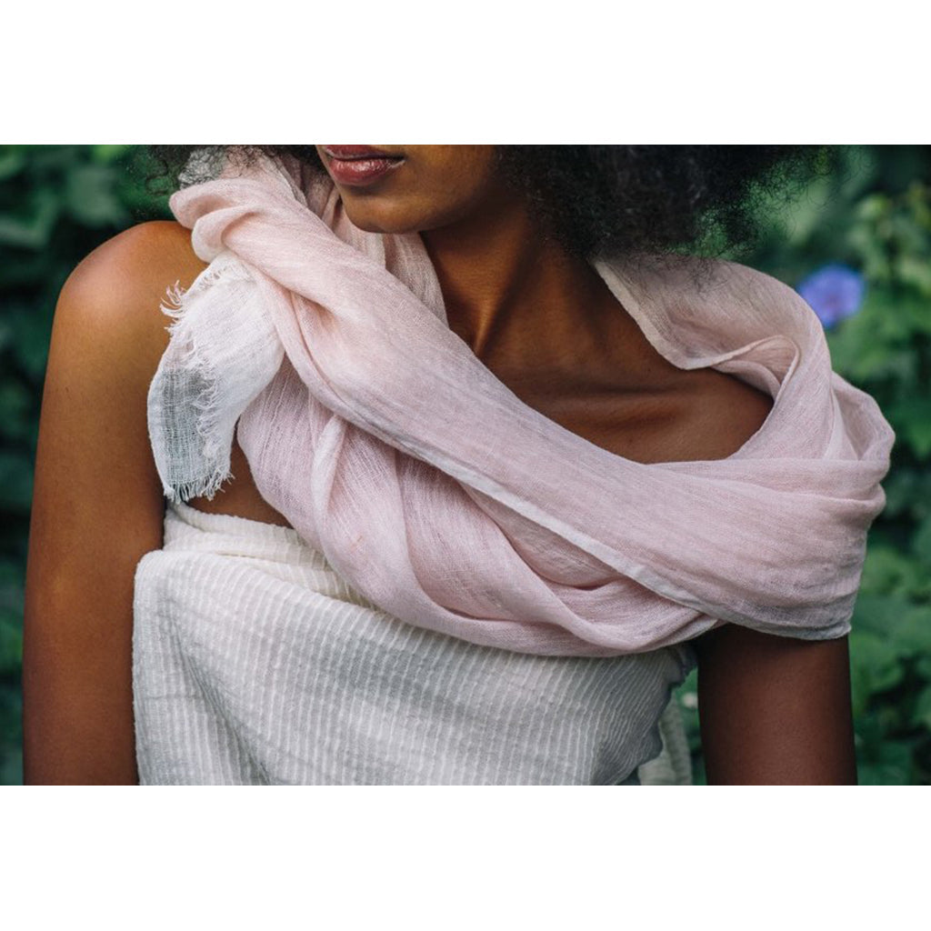 Linen Gauze Two-Tone Scarf Lightweight Handwoven Eyelash Fringe White Stripe BandsCo Straps