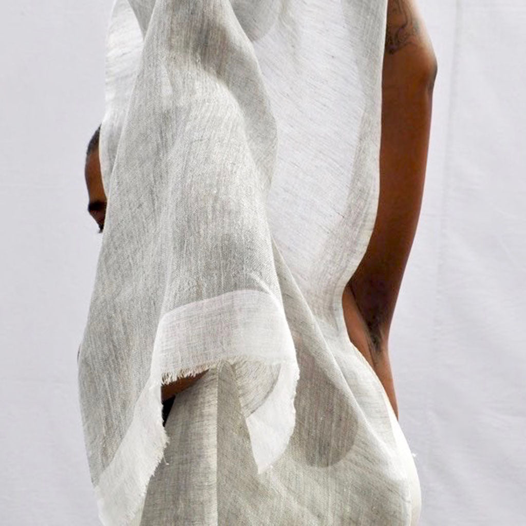 Linen Gauze Two-Tone Scarf Lightweight Handwoven Eyelash Fringe White Stripe BandsCo Straps