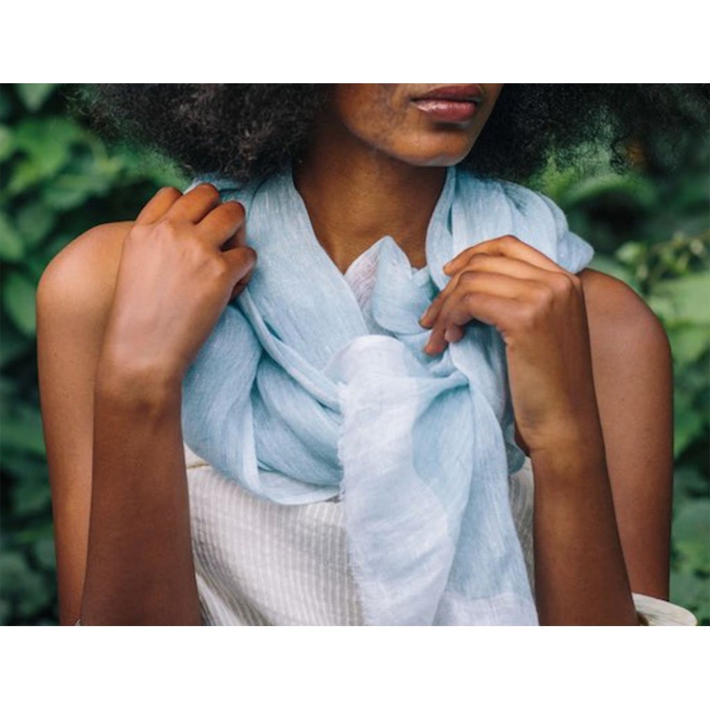 Linen Gauze Two-Tone Scarf Lightweight Handwoven Eyelash Fringe White Stripe BandsCo Straps