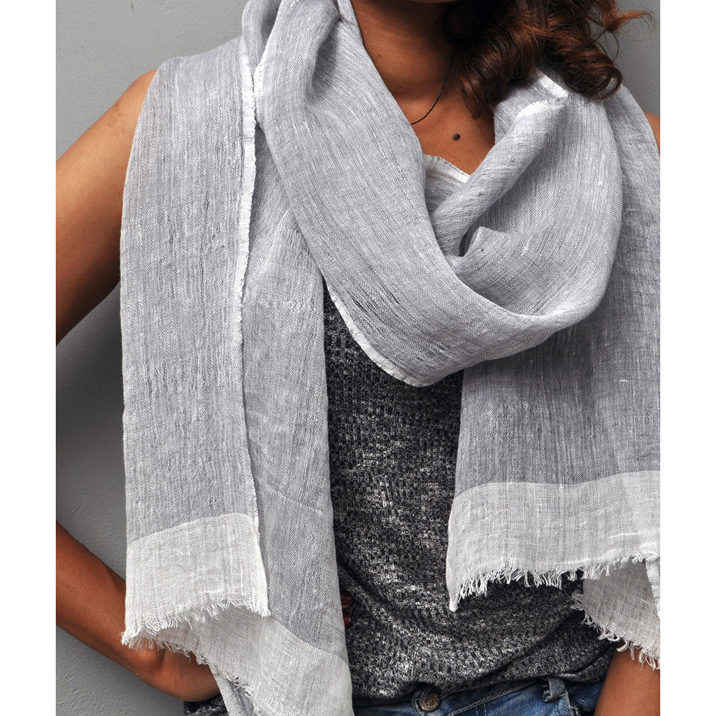 Linen Gauze Two-Tone Scarf Lightweight Handwoven Eyelash Fringe White Stripe BandsCo Straps