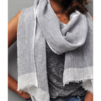 Linen Gauze Two-Tone Scarf Lightweight Handwoven Eyelash Fringe White Stripe BandsCo Straps