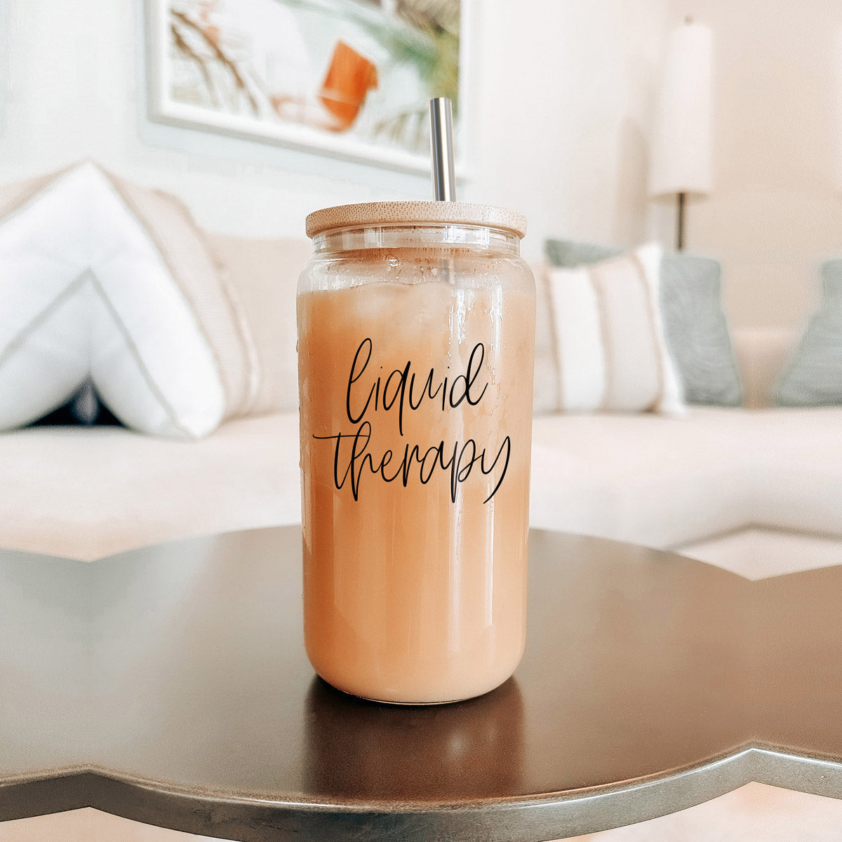 Liquid Therapy 17oz Glass Tumbler With Bamboo Lid, 2 Stainless Straws And Straw Cleaner BandsCo Straps