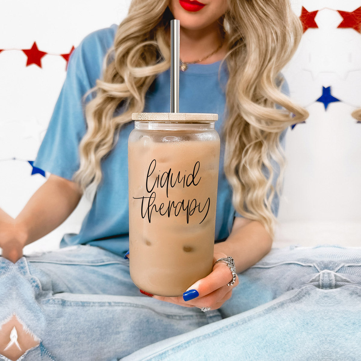 Liquid Therapy 17oz Glass Tumbler With Bamboo Lid, 2 Stainless Straws And Straw Cleaner BandsCo Straps