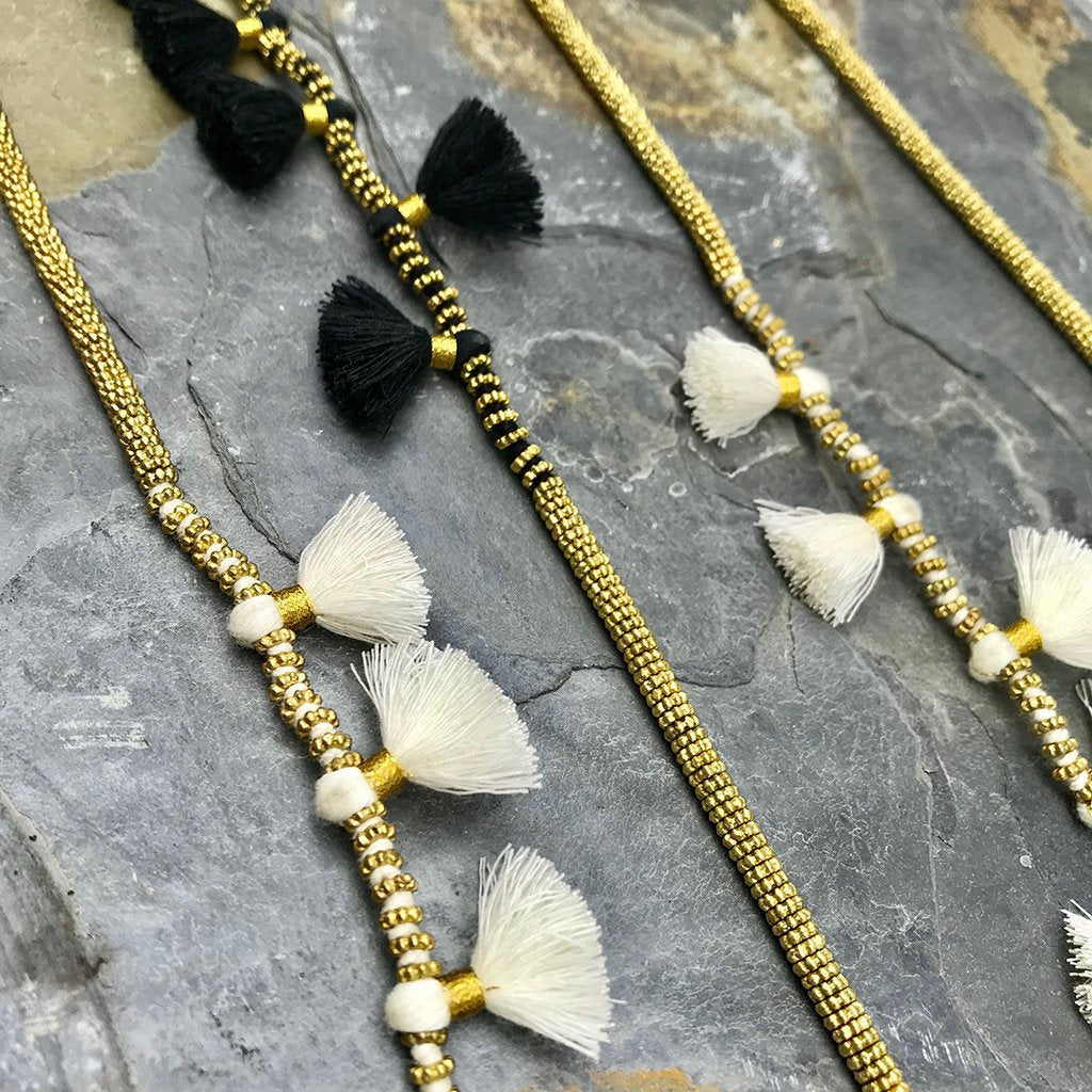Long Cotton Tassel Necklace 23" Handmade Boho Indian Style Zinc Alloy Beads BandsCo Straps
