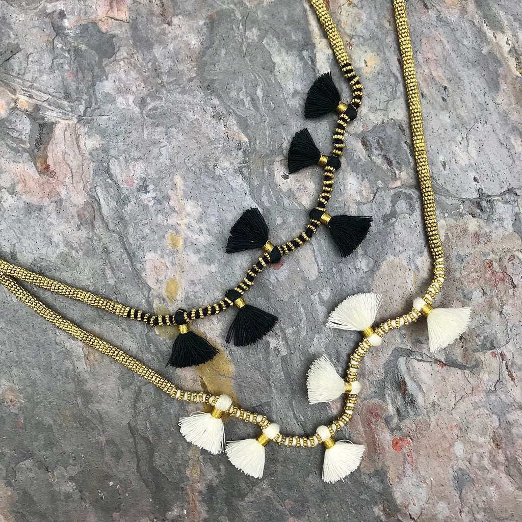 Long Cotton Tassel Necklace 23" Handmade Boho Indian Style Zinc Alloy Beads BandsCo Straps