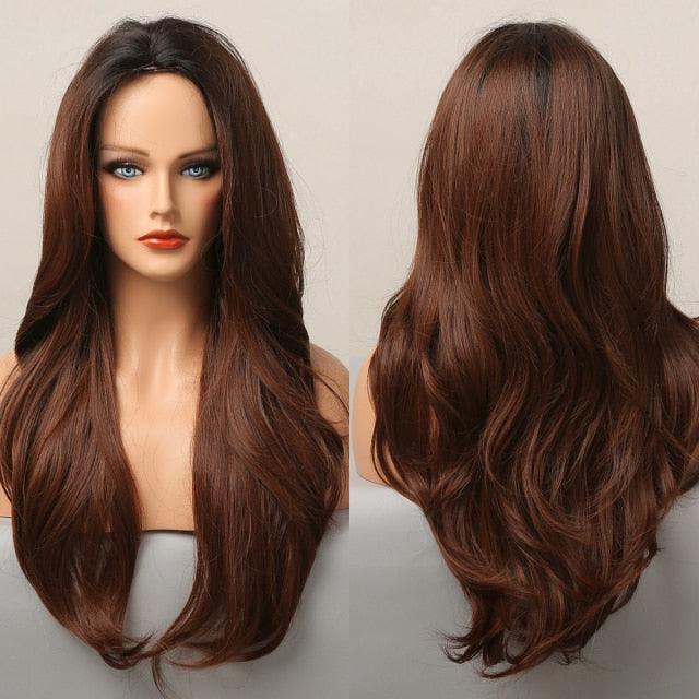 Long Honey Brown Synthetic Wigs with Side Bangs Natural Wave Wigs for Afro American Women Heat Resistant Cosplay Party Daily Use Wigs For Black Women Cosplay Wigs For Women Stevvex