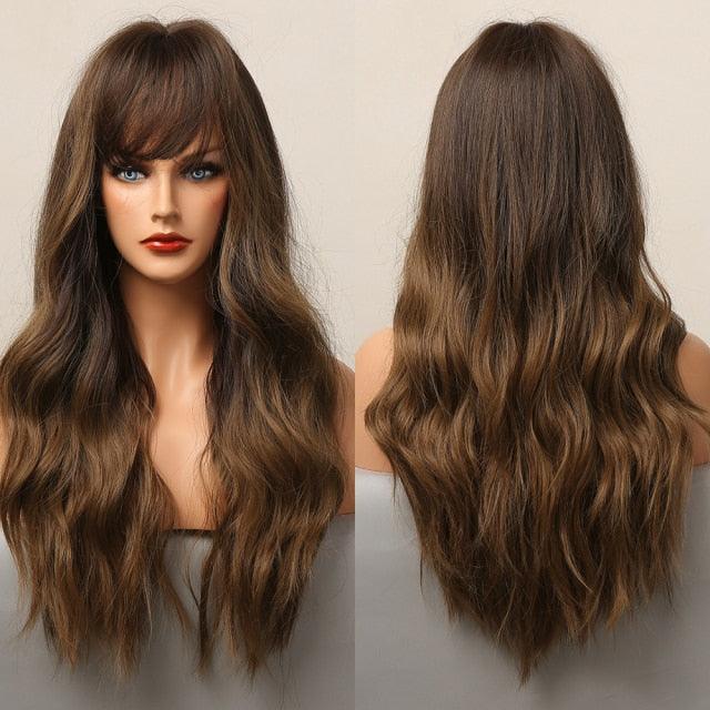 Long Honey Brown Synthetic Wigs with Side Bangs Natural Wave Wigs for Afro American Women Heat Resistant Cosplay Party Daily Use Wigs For Black Women Cosplay Wigs For Women Stevvex