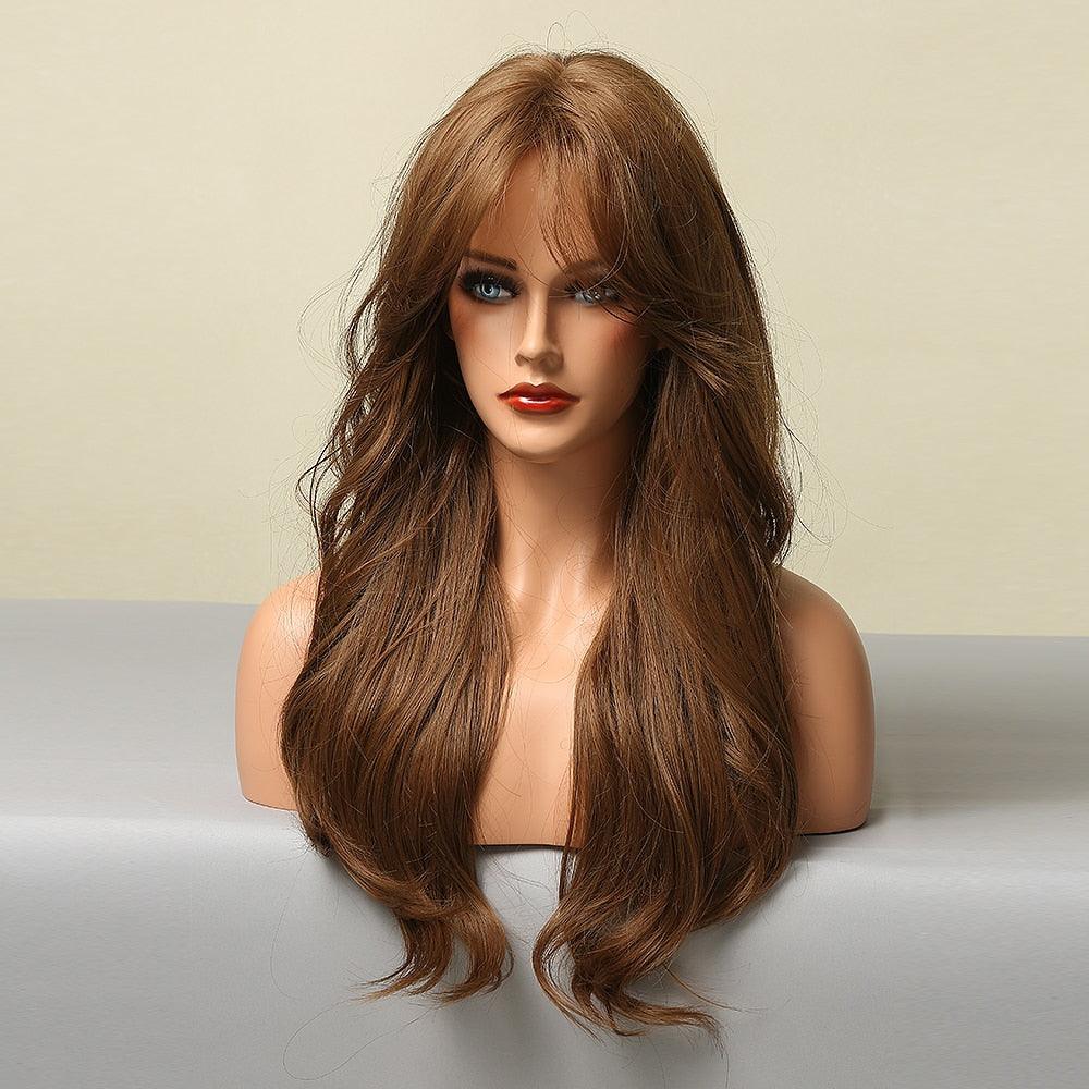 Long Honey Brown Synthetic Wigs with Side Bangs Natural Wave Wigs for Afro American Women Heat Resistant Cosplay Party Daily Use Wigs For Black Women Cosplay Wigs For Women Stevvex