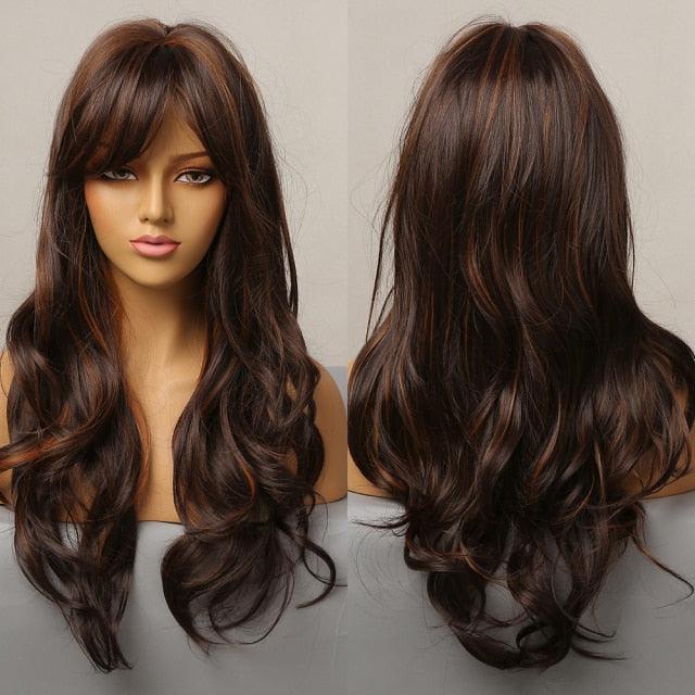 Long Honey Brown Synthetic Wigs with Side Bangs Natural Wave Wigs for Afro American Women Heat Resistant Cosplay Party Daily Use Wigs For Black Women Cosplay Wigs For Women Stevvex