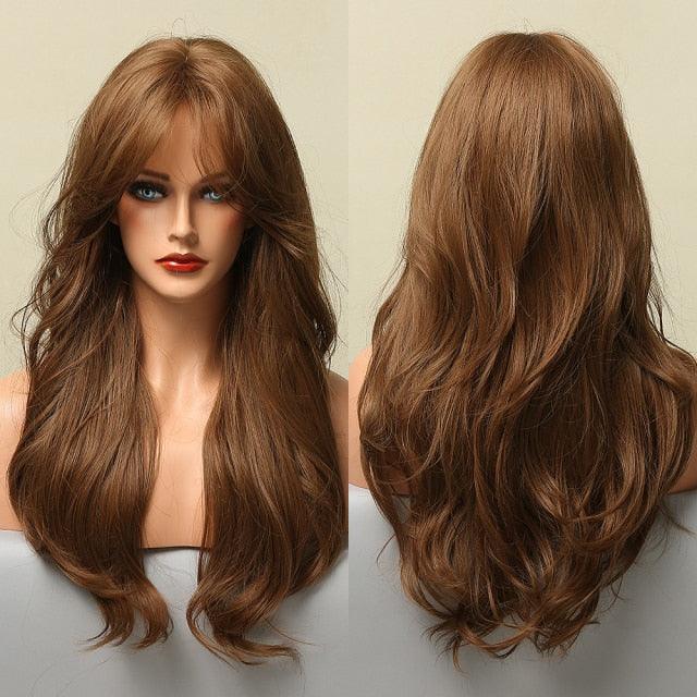 Long Honey Brown Synthetic Wigs with Side Bangs Natural Wave Wigs for Afro American Women Heat Resistant Cosplay Party Daily Use Wigs For Black Women Cosplay Wigs For Women Stevvex
