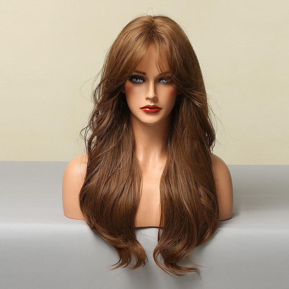 Long Honey Brown Synthetic Wigs with Side Bangs Natural Wave Wigs for Afro American Women Heat Resistant Cosplay Party Daily Use Wigs For Black Women Cosplay Wigs For Women Stevvex