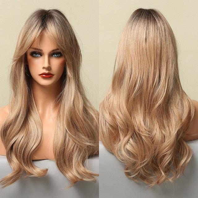 Long Honey Brown Synthetic Wigs with Side Bangs Natural Wave Wigs for Afro American Women Heat Resistant Cosplay Party Daily Use Wigs For Black Women Cosplay Wigs For Women Stevvex