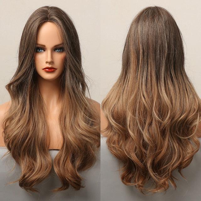 Long Honey Brown Synthetic Wigs with Side Bangs Natural Wave Wigs for Afro American Women Heat Resistant Cosplay Party Daily Use Wigs For Black Women Cosplay Wigs For Women Stevvex