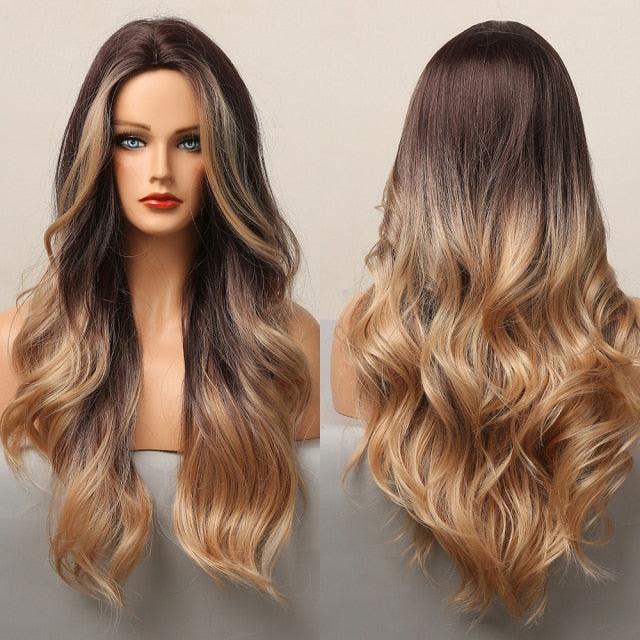 Long Honey Brown Synthetic Wigs with Side Bangs Natural Wave Wigs for Afro American Women Heat Resistant Cosplay Party Daily Use Wigs For Black Women Cosplay Wigs For Women Stevvex