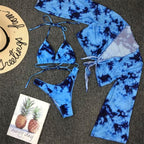 Long Sleeve Mesh Bikini Swimwear Women Three Pieces Leopard Swimsuit Female Summer  Bathing Suit Brazilian 3 Pieces Set Knot Front Off Shoulder Cover Up with Halter Bikini Sets Bathing Suit