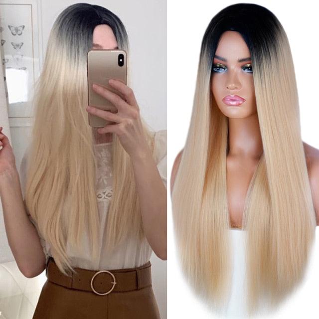 Long Straight Synthetic Black Wig Mixed Brown and Blonde Long Wig For Black Women Middle Part Nature Wigs For Black Women Cosplay Wigs For Women Stevvex