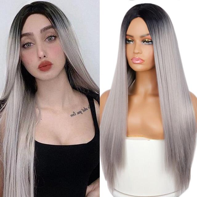 Long Straight Synthetic Black Wig Mixed Brown and Blonde Long Wig For Black Women Middle Part Nature Wigs For Black Women Cosplay Wigs For Women Stevvex