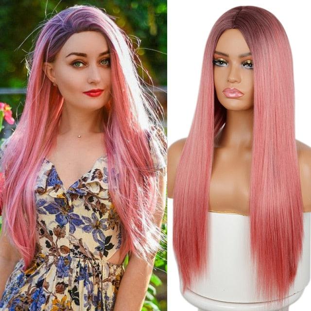 Long Straight Synthetic Black Wig Mixed Brown and Blonde Long Wig For Black Women Middle Part Nature Wigs For Black Women Cosplay Wigs For Women Stevvex