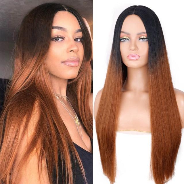 Long Straight Synthetic Black Wig Mixed Brown and Blonde Long Wig For Black Women Middle Part Nature Wigs For Black Women Cosplay Wigs For Women Stevvex