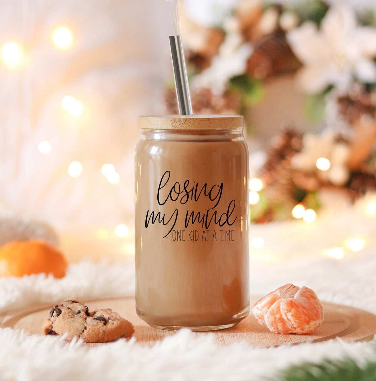 Losing My Mind 17oz Glass Tumbler With Bamboo Lid Stainless Straws Straw Cleaner Gift BandsCo Straps