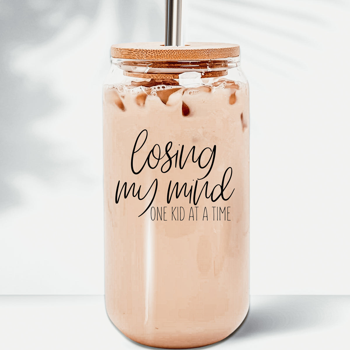 Losing My Mind 17oz Glass Tumbler With Bamboo Lid Stainless Straws Straw Cleaner Gift BandsCo Straps