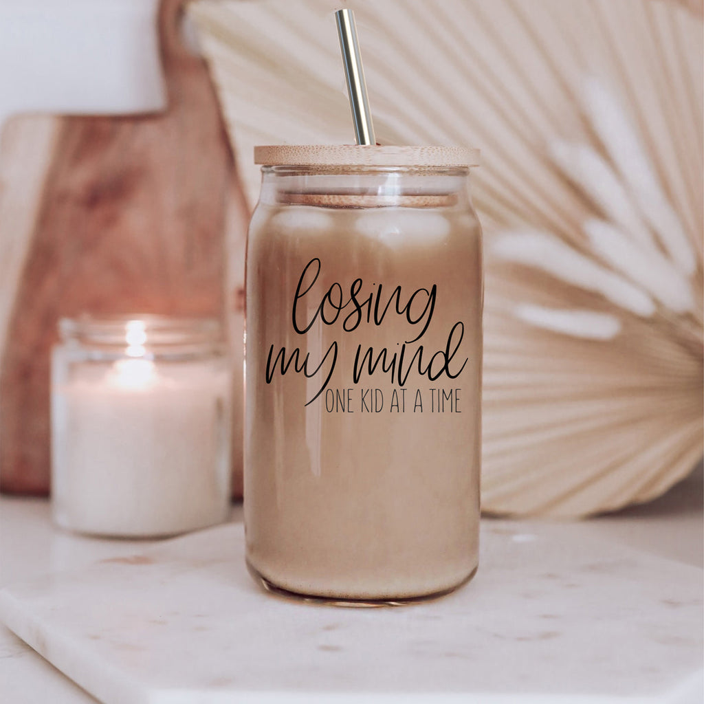Losing My Mind 17oz Glass Tumbler With Bamboo Lid Stainless Straws Straw Cleaner Gift BandsCo Straps